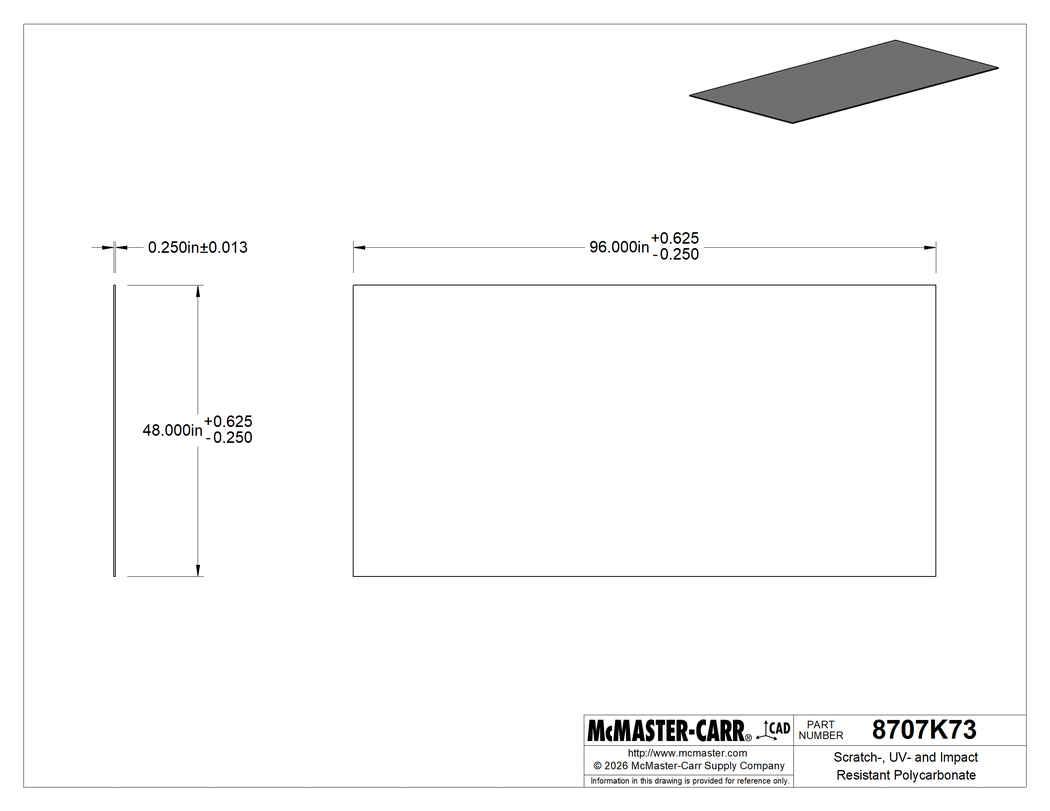 Technical Drawing of Scratch-, UV- and Impact Resistant Polycarbonate, 48" x 96" x 1/4", Clear.